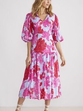 Vineyard Vines Kentucky Derby Roses Pink & Red Floral & Seersucker Midi Dress